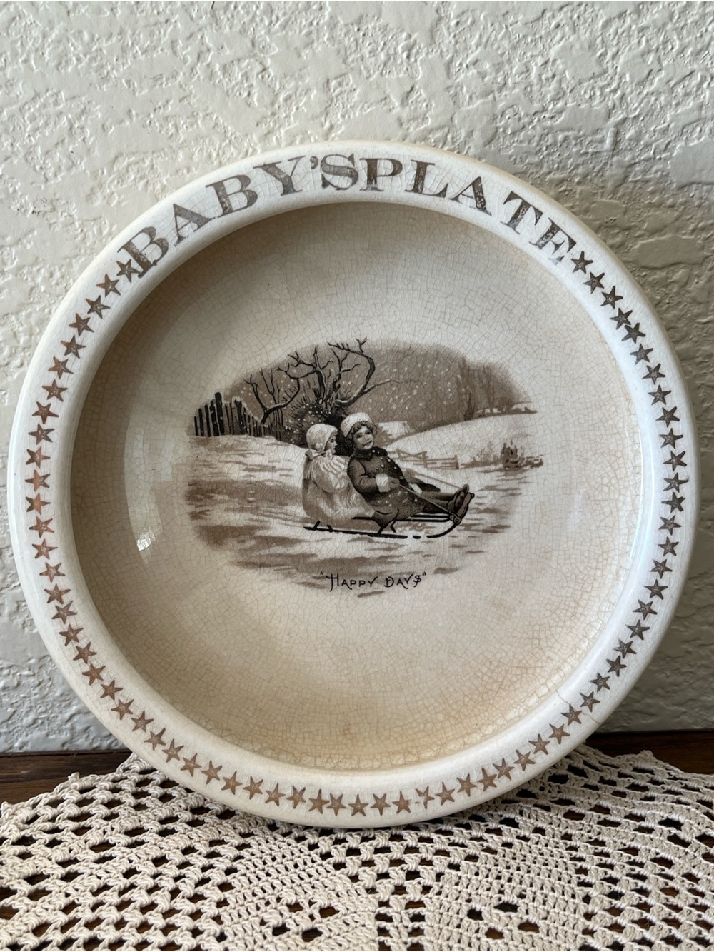 Antique Harker Pottery Co. Semi-Porcelain Baby’s Plate Happy Days Sledding 1800s